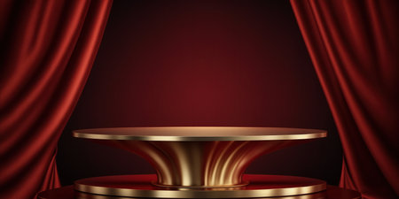 Golden podium with red curtains on red background. Realistic 3d renderの写真素材