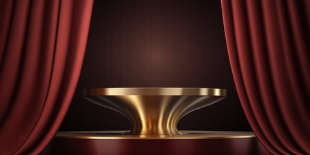Stage podium with red curtains and spotlights, realistic vector illustration.の写真素材