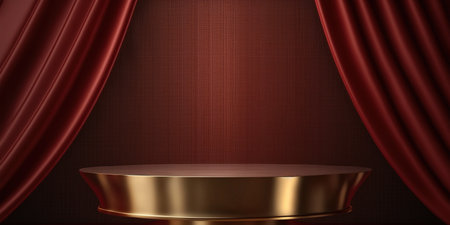 Golden podium with red curtains on a dark background. 3d renderingの写真素材
