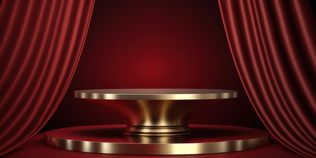 Scene with red curtains and podium for mock up presentation in minimalism style, 3d renderの写真素材