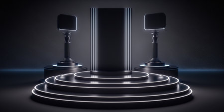 Black podium with pedestals illuminated by neon lights. 3D renderingの写真素材