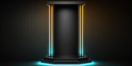 Black podium with neon lights on a dark background. 3d renderingの写真素材