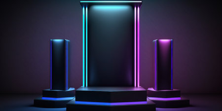 3d render, abstract background, podium illuminated with neon lights.の写真素材