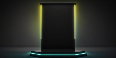 Blank display stand in dark room with neon light. 3D renderingの写真素材