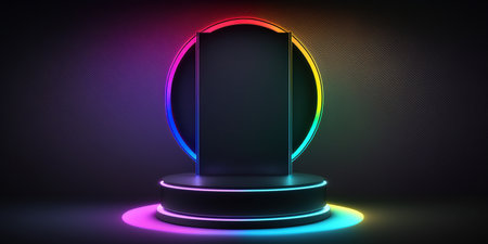 Neon round podium illuminated with colorful lights. Mock up, 3D Renderingの写真素材