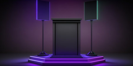 3d rendering of a stage stand illuminated by neon lights. Advertising stand.の写真素材