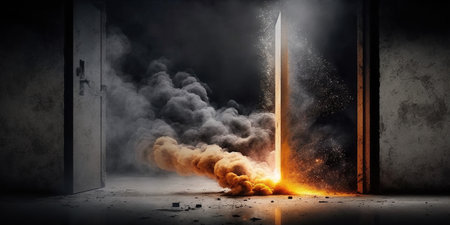 Conceptual image with explosion in dark room. 3d renderingの写真素材