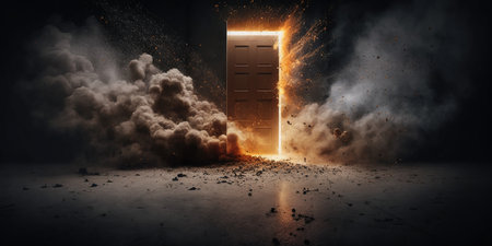 Composite image of open door with fire and smoke coming outの写真素材
