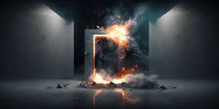 Open door with fire and smoke, 3d rendering. Computer digital drawing.の写真素材