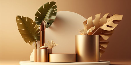 3d render of abstract geometric forms. Glossy golden podium with tropical leaves and plants for product presentationの写真素材