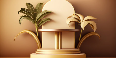 3d render, abstract background with gold podium and palm leaves.の写真素材