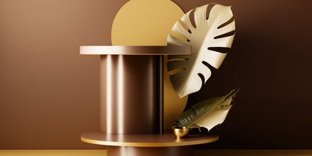 3d render of golden podium for product presentation with tropical leaves.の写真素材