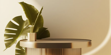3D rendering of minimal geometric forms. Glossy golden podium for your design.の写真素材