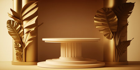 Abstract minimal scene with podium and tropical leaves. 3d render illustrationの写真素材