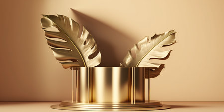 3d render of golden podium for product presentation with monstera leavesの写真素材
