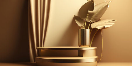 3d render of podium for product presentation with tropical leaves in gold colorの写真素材