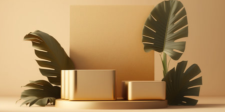 3d render of abstract minimal geometric forms. Glossy golden podium for cosmetic product presentation.の写真素材