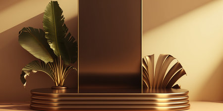 3d render of abstract minimal geometric forms. Glossy golden podium for product presentation.の写真素材