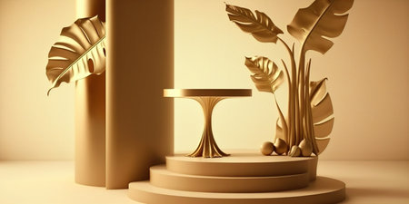 3d render of gold podium for product display with monstera leavesの写真素材