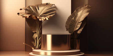 3d render, abstract background, podium for product presentation, blank stand with gold leavesの写真素材