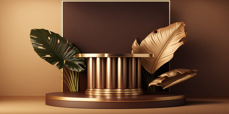 3d render of golden podium for product presentation with monstera leaves.の写真素材