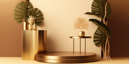 3d render of minimal product display podium with monstera leaves.の写真素材