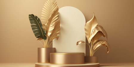 3d render, abstract minimal geometric forms, golden leaves, podium for product presentationの写真素材