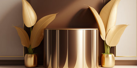 3d render, geometric forms, golden leaves, podium for product presentation, luxury minimalist designの写真素材