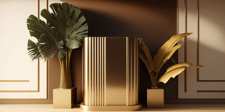 3d render of golden product display podium with tropical leaves and golden wallの写真素材
