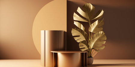 3d render of beige podium for product presentation with monstera leaf in vaseの写真素材