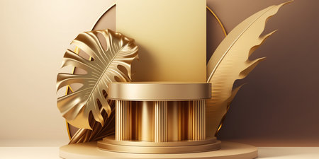 3d render of golden podium for product presentation. Abstract background.の写真素材