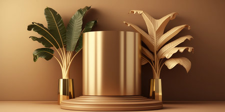 3d rendering of golden podium for product presentation with tropical leaves. Abstract background.の写真素材