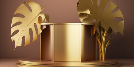 3d render of golden podium with monstera leaf. Luxury product display.の写真素材