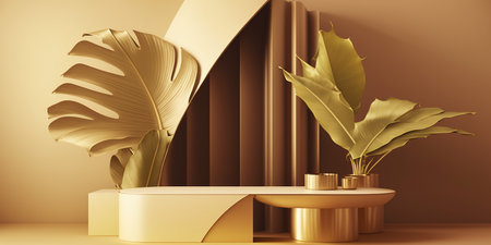 3d render, abstract background, golden podium for product presentation, minimal designの写真素材