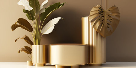 3d rendering of minimal geometric forms. Brown background with golden podium.の写真素材
