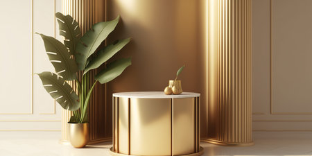 3d render of golden podium with monstera leaf in gold roomの写真素材