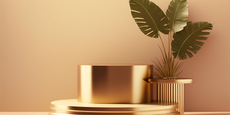 3d render of golden podium for product presentation with palm leaves. Minimal scene.の写真素材