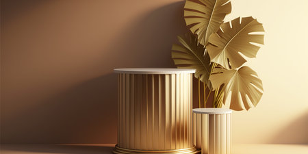 3d rendering of golden podium for product display with palm leaf shadowの写真素材