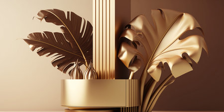 3d render of golden podium for product presentation with monstera leavesの写真素材
