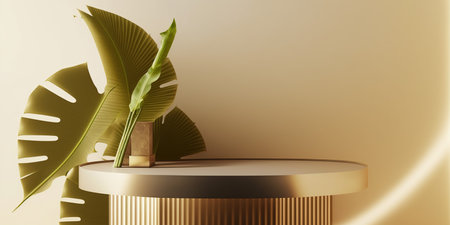 3d render of golden podium with monstera leaf for product displayの写真素材