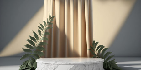 3d render of white marble podium for product presentation with green leaves and curtain.の写真素材
