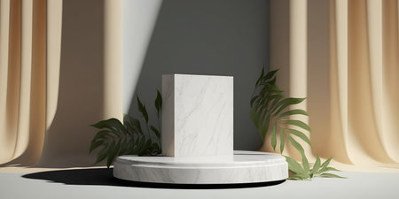 3d render of white marble podium for product display with copy spaceの写真素材
