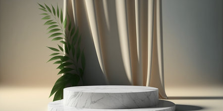 3d render of white marble pedestal with green palm leaves and curtainの写真素材