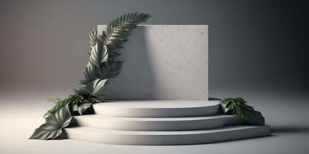 3d render, abstract minimal geometric forms, black and white marble podiums with green leaves on grey background.の写真素材