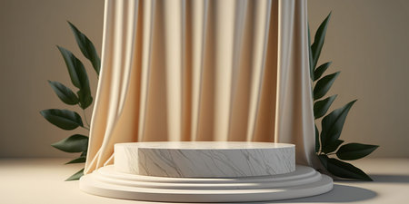 3d render of white marble podium with curtain and palm leaves.の写真素材