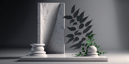 3d render of marble pedestal with plant on black background.の写真素材