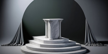 3d rendering of a white marble pedestal on a gray backgroundの写真素材