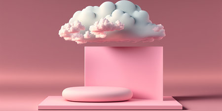 3D rendering of minimal display podium with cloud in the sky.の写真素材