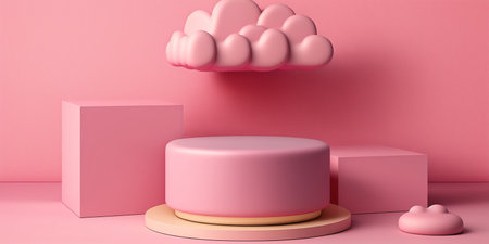 3d render of pink minimal geometric background with podiums and cloudsの写真素材