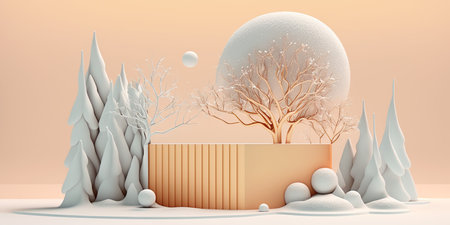 3d render, abstract winter landscape with trees, snow and moonの写真素材